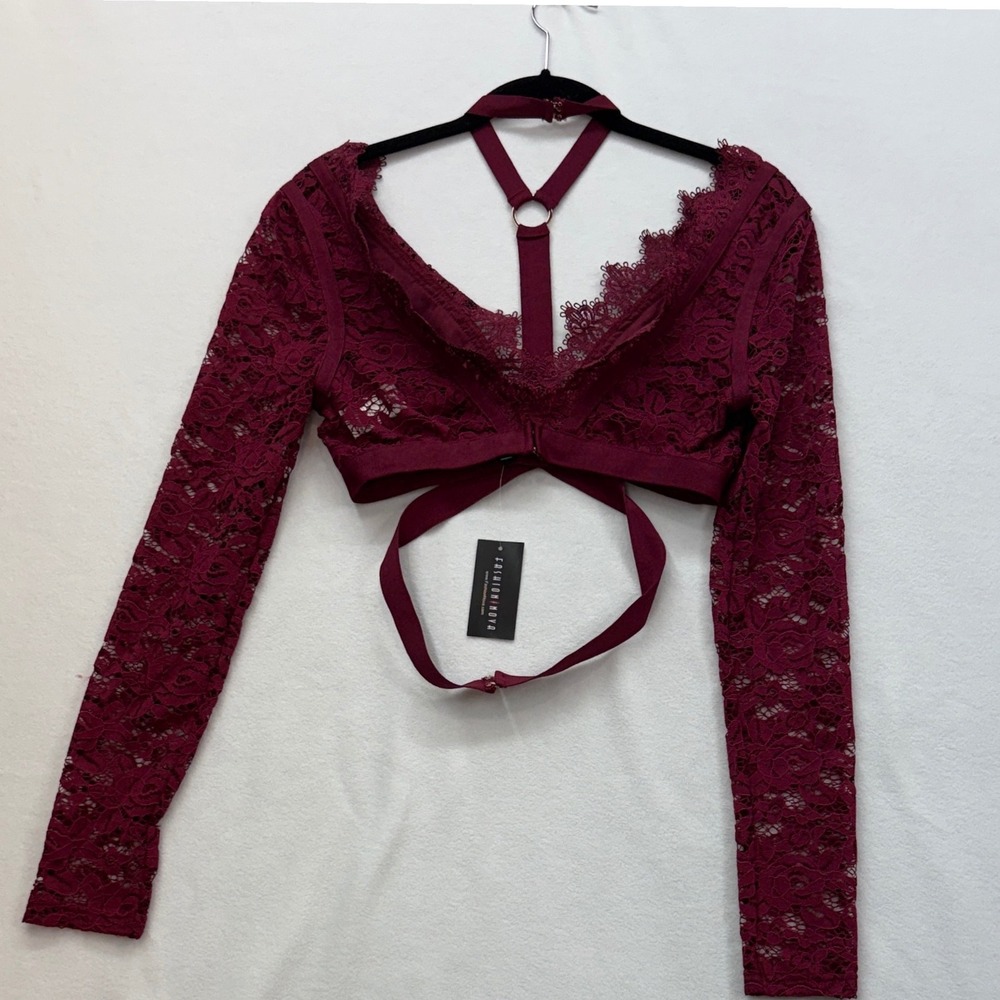 Fashion Nova Crop Top Womens Medium Wine Lace Strapped Love Choker Long Sleeve - Picture 3 of 11